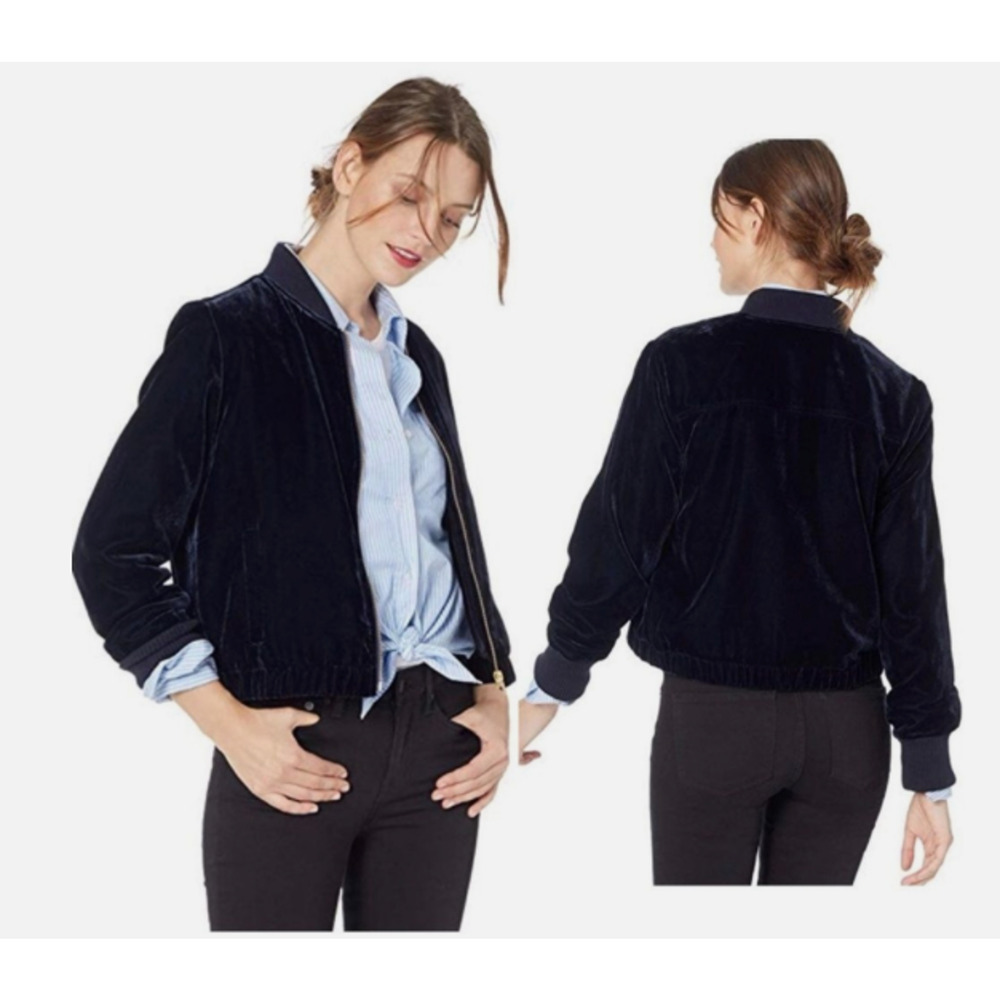 J. Crew Womens Navy Blue Drawstring Waist Long Sleeve Velvet Bomber Jacket Sz XS